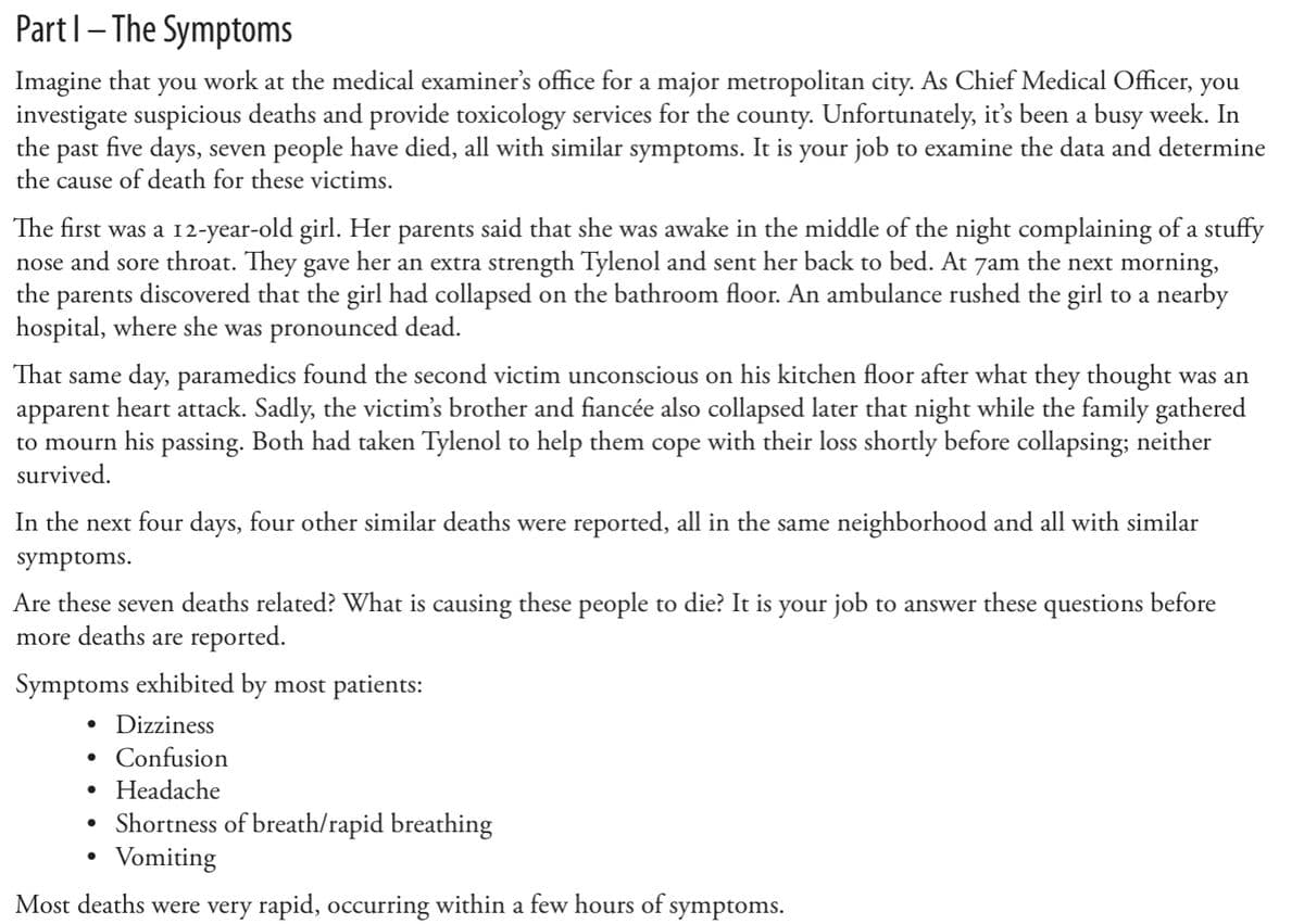 Part 1 The Symptoms
Imagine that you work at the medical examiner's office for a major metropolitan city. As Chief Medical Officer, you
investigate suspicious deaths and provide toxicology services for the county. Unfortunately, it's been a busy week. In
the past five days, seven people have died, all with similar symptoms. It is your job to examine the data and determine
the cause of death for these victims.
The first was a 12-year-old girl. Her parents said that she was awake in the middle of the night complaining of a stuffy
nose and sore throat. They gave her an extra strength Tylenol and sent her back to bed. At 7am the next morning,
the parents discovered that the girl had collapsed on the bathroom floor. An ambulance rushed the girl to a nearby
hospital, where she was pronounced dead.
That same day, paramedics found the second victim unconscious on his kitchen floor after what they thought was an
apparent heart attack. Sadly, the victim's brother and fiancée also collapsed later that night while the family gathered
to mourn his passing. Both had taken Tylenol to help them cope with their loss shortly before collapsing; neither
survived.
In the next four days, four other similar deaths were reported, all in the same neighborhood and all with similar
symptoms.
Are these seven deaths related? What is causing these people to die? It is your job to answer these questions before
more deaths are reported.
Symptoms exhibited by most patients:
• Dizziness
• Confusion
• Headache
Shortness of breath/rapid breathing
Vomiting
Most deaths were very rapid, occurring within a few hours of symptoms.
●