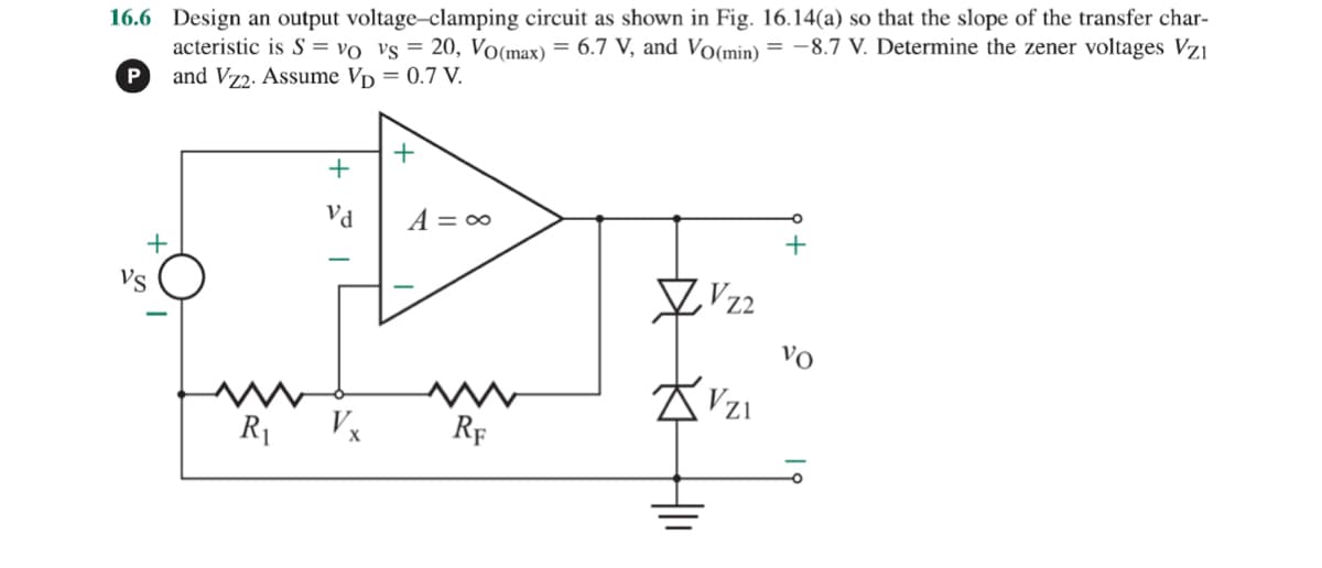 16.6 Design an output voltage-clamping circuit as shown in Fig. 16.14(a) so that the slope of the transfer char-
acteristic is S = vo vs = 20, Vo(max) = 6.7 V, and Vo(min) = -8.7 V. Determine the zener voltages Vzı
and Vz2. Assume Vp = 0.7 V.
P
+
R₁
+
Vd
Vx
+
A = ∞
RF
ZV22
Vz1
+
VO