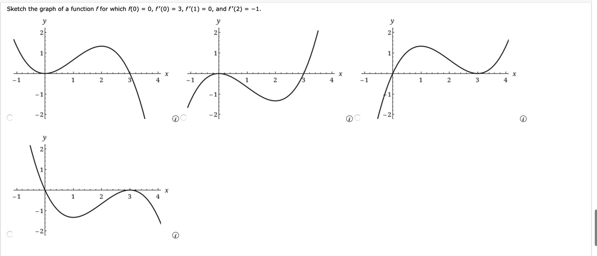 Sketch the graph of a function f for which f(0) = 0, f'(0) = 3, f'(1) = 0, and f'(2) :
= -1.
y
y
y
2
1
1
1
-1
1
2
3
-1
1
-1
1
3
4
-1
-1
-2-
-2-
y
2-
-1
1
2
3
4
-1|
- 2-
