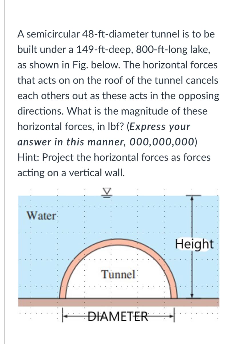 A semicircular 48-ft-diameter tunnel is to be
built under a 149-ft-deep, 800-ft-long lake,
as shown in Fig. below. The horizontal forces
that acts on on the roof of the tunnel cancels
each others out as these acts in the opposing
directions. What is the magnitude of these
horizontal forces, in Ibf? (Express your
answer in this manner, 000,000,000)
Hint: Project the horizontal forces as forces
acting on a vertical wall.
Water
Height
Tunnel
DIAMETER
