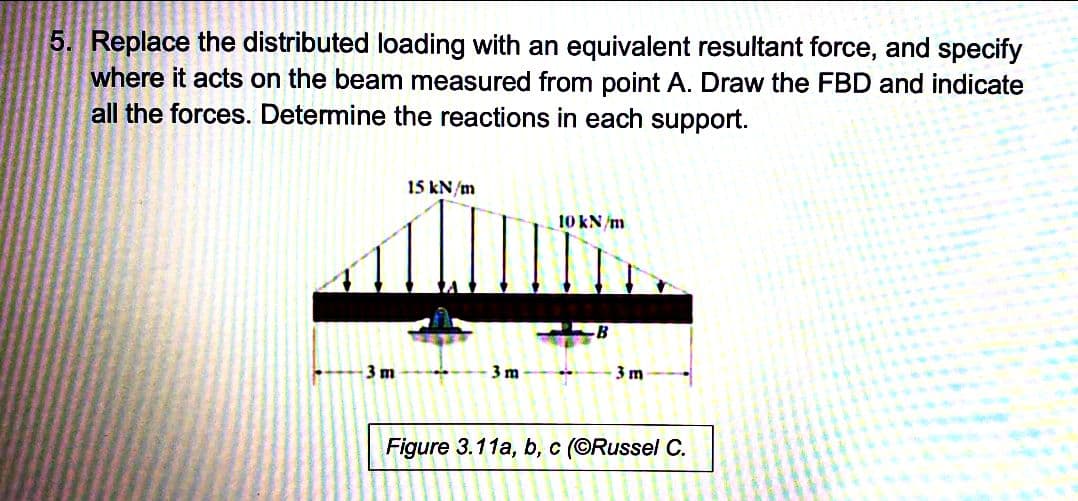 5. Replace the distributed loading with an equivalent resultant force, and specify
where it acts on the beam measured from point A. Draw the FBD and indicate
all the forces. Determine the reactions in each support.
3 m
15 kN/m
3 m
10 kN/m
3m
Figure 3.11a, b, c (@Russel C.