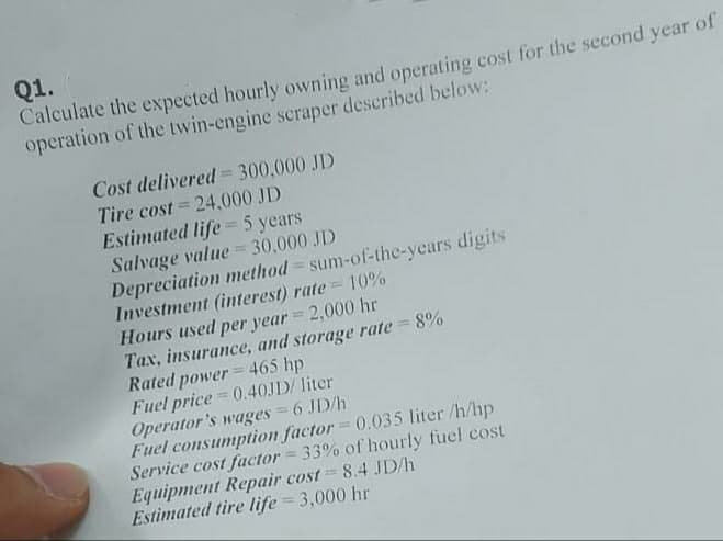 Q1.
Calculate the expected hourly owning and operating cost for the second year of
operation of the twin-engine scraper described below:
Cost delivered 300,000 JD
Tire cost = 24,000 JD
Estimated life= 5 years
Salvage value = 30,000 JD
Depreciation method=sum-of-the-years digits
Investment (interest) rate = 10%
Hours used per year = 2,000 hr
Tax, insurance, and storage rate = 8%
Rated power = 465 hp
Fuel price=0.40JD/ liter
Operator's wages = 6 JD/h
Fuel consumption factor = 0.035 liter /h/hp
Service cost factor = 33% of hourly fuel cost
Equipment Repair cost = 8.4 JD/h
Estimated tire life= 3,000 hr