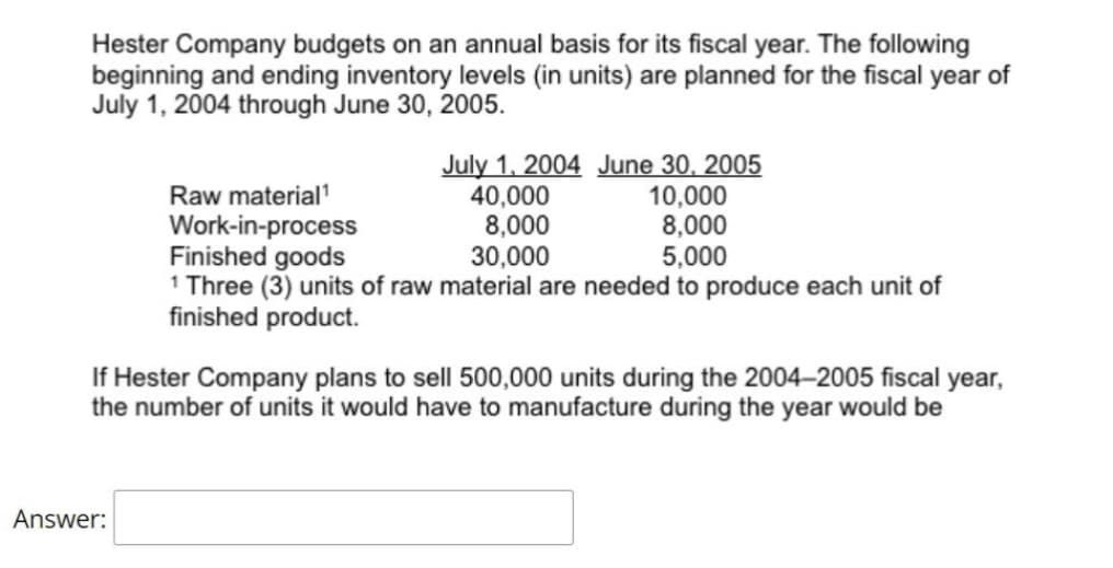 Hester Company budgets on an annual basis for its fiscal year. The following
beginning and ending inventory levels (in units) are planned for the fiscal year of
July 1, 2004 through June 30, 2005.
July 1, 2004 June 30, 2005
40,000
10,000
8,000
8,000
Finished goods
30,000
5,000
1 Three (3) units of raw material are needed to produce each unit of
finished product.
Answer:
Raw material¹
Work-in-process
If Hester Company plans to sell 500,000 units during the 2004-2005 fiscal year,
the number of units it would have to manufacture during the year would be
