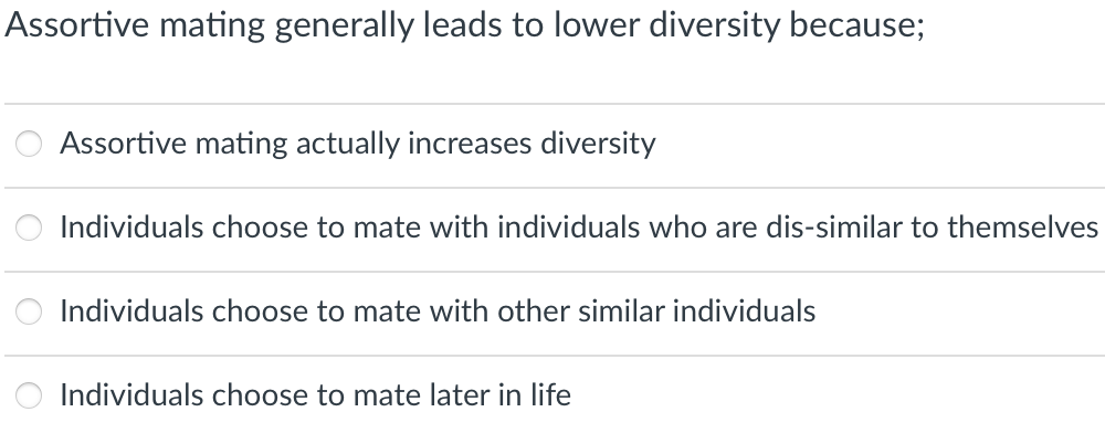 Assortive mating generally leads to lower diversity because;
Assortive mating actually increases diversity
Individuals choose to mate with individuals who are dis-similar to themselves
Individuals choose to mate with other similar individuals
Individuals choose to mate later in life
