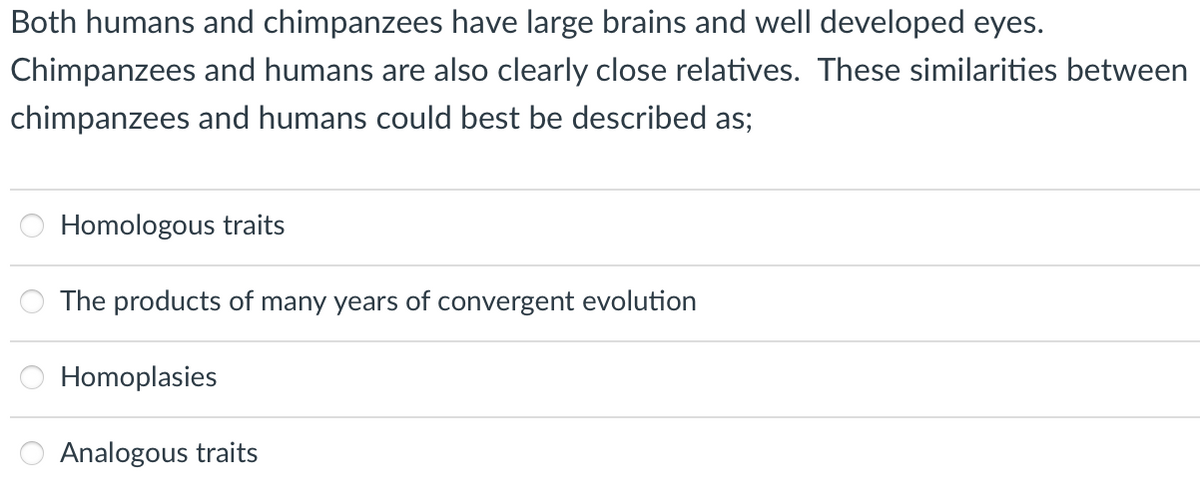Both humans and chimpanzees have large brains and well developed eyes.
Chimpanzees and humans are also clearly close relatives. These similarities between
chimpanzees and humans could best be described as;
Homologous traits
The products of many years of convergent evolution
Homoplasies
Analogous traits
