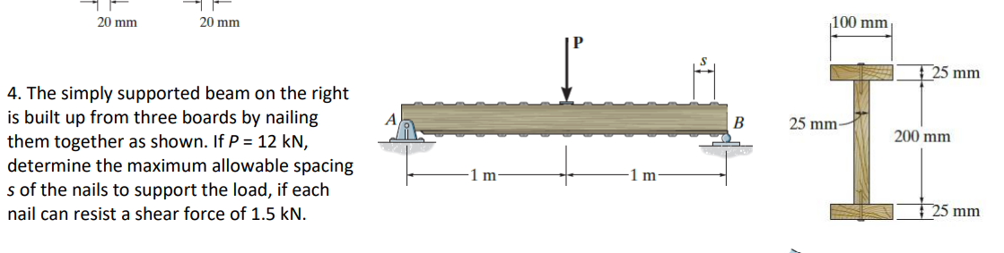 20 mm
20 mm
4. The simply supported beam on the right
is built up from three boards by nailing
them together as shown. If P = 12 kN,
determine the maximum allowable spacing
s of the nails to support the load, if each
nail can resist a shear force of 1.5 kN.
1 m
m
B
100 mm
25 mm-
25 mm
200 mm
25 mm