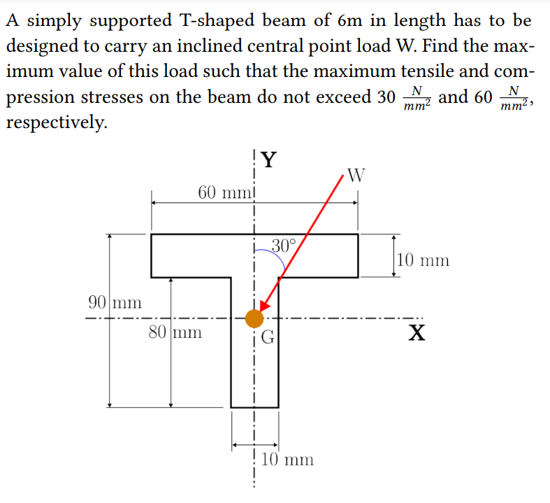A simply supported T-shaped beam of 6m in length has to be
designed to carry an inclined central point load W. Find the max-
imum value of this load such that the maximum tensile and com-
pression stresses on the beam do not exceed 30
N
mm²
and 60
N
mm²,
respectively.
90 mm
60 mml
Y
W
30°
10 mm
80 mm
G
✗
10 mm
