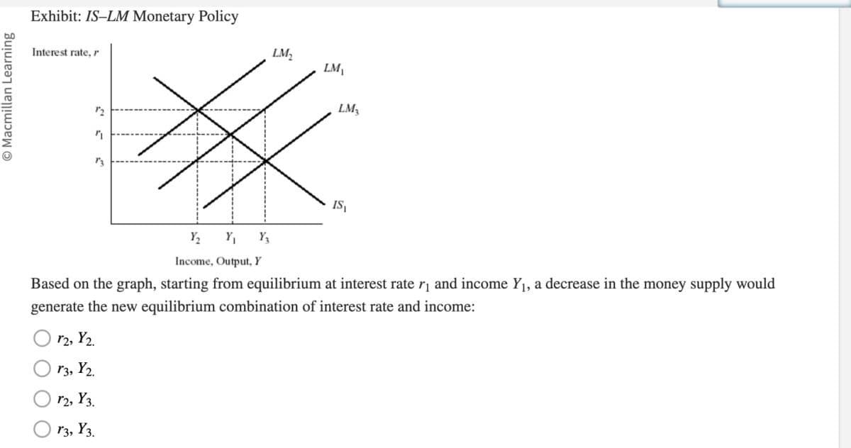 O Macmillan Learning
Exhibit: IS-LM Monetary Policy
Interest rate, r
12
"
13
LM₂
LM₁
LM3
IS
Y,
Y₁ Y3
Income, Output, Y
Based on the graph, starting from equilibrium at interest rate r₁ and income Y₁, a decrease in the money supply would
generate the new equilibrium combination of interest rate and income:
12, Y2.
13, Y2.
12, Y3.
13, Y3.