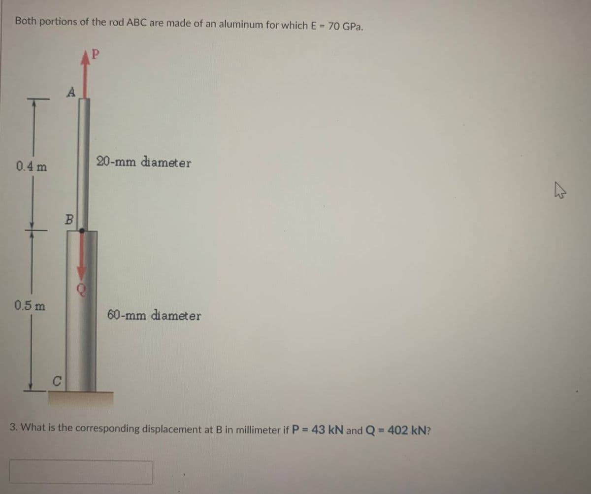 Both portions of the rod ABC are made of an aluminum for which E = 70 GPa.
0.4 m
0.5 m
B
20-mm diameter
60-mm diameter
3. What is the corresponding displacement at B in millimeter if P = 43 kN and Q = 402 kN?
4