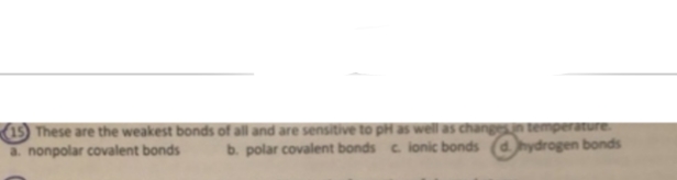 These are the weakest bonds of all and are sensitive to pH as well as changes in temperature.
a. nonpolar covalent bonds
b. polar covalent bonds c. ionic bonds
hydrogen bonds