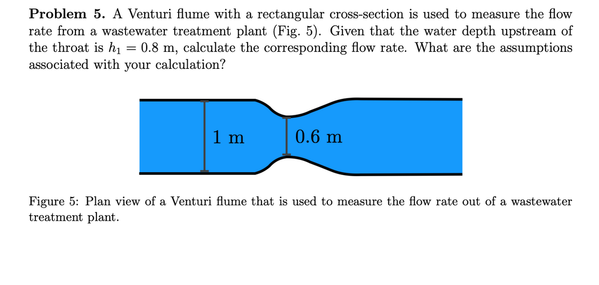 Problem 5. A Venturi flume with a rectangular cross-section is used to measure the flow
rate from a wastewater treatment plant (Fig. 5). Given that the water depth upstream of
the throat is h1
associated with your calculation?
0.8 m, calculate the corresponding flow rate. What are the assumptions
1 m
0.6 m
Figure 5: Plan view of a Venturi flume that is used to measure the flow rate out of a wastewater
treatment plant.
