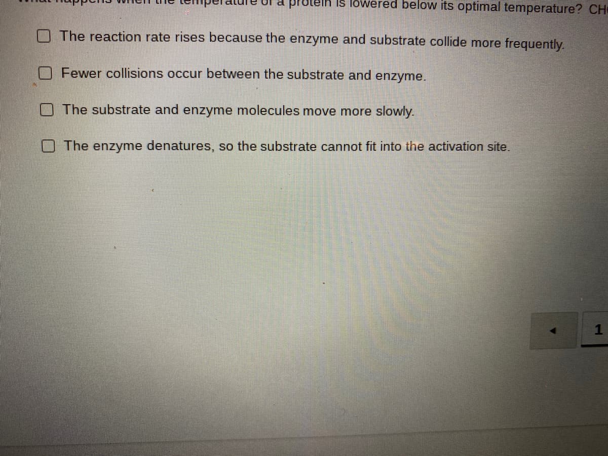 protelh is lowered below its optimal temperature? CH
O The reaction rate rises because the enzyme and substrate collide more frequently.
O Fewer collisions occur between the substrate and enzyme.
The substrate and enzyme molecules move more slowly.
The enzyme denatures, so the substrate cannot fit into the activation site.

