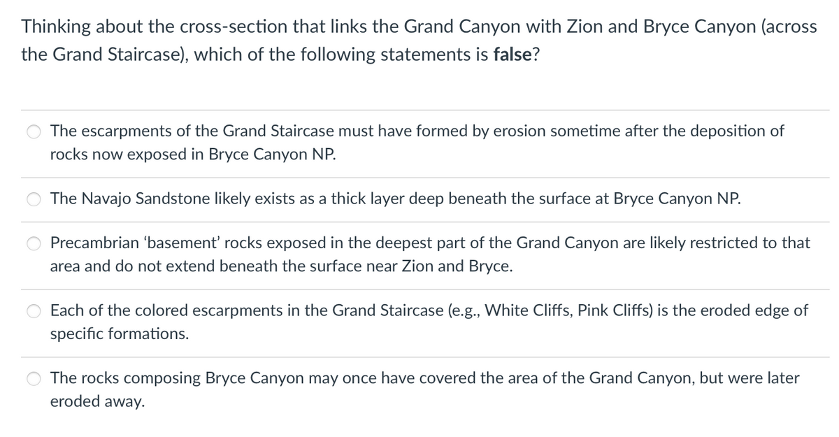 Thinking about the cross-section that links the Grand Canyon with Zion and Bryce Canyon (across
the Grand Staircase), which of the following statements is false?
The escarpments of the Grand Staircase must have formed by erosion sometime after the deposition of
rocks now exposed in Bryce Canyon NP.
The Navajo Sandstone likely exists as a thick layer deep beneath the surface at Bryce Canyon NP.
Precambrian 'basement' rocks exposed in the deepest part of the Grand Canyon are likely restricted to that
area and do not extend beneath the surface near Zion and Bryce.
Each of the colored escarpments in the Grand Staircase (e.g., White Cliffs, Pink Cliffs) is the eroded edge of
specific formations.
The rocks composing Bryce Canyon may once have covered the area of the Grand Canyon, but were later
eroded away.