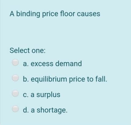 A binding price floor causes
Select one:
a. excess demand
b. equilibrium price to fall.
c. a surplus
d. a shortage.
