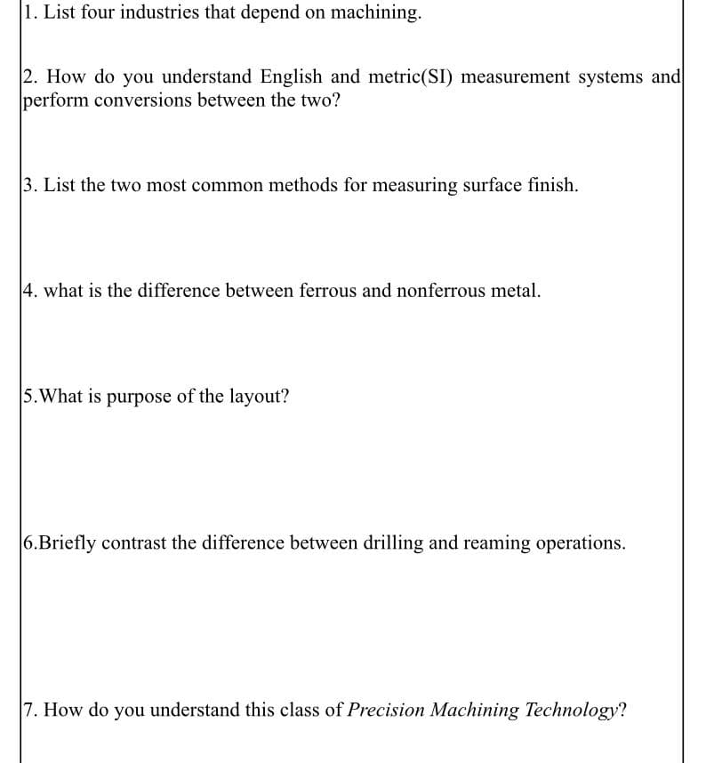 1. List four industries that depend on machining.
2. How do you understand English and metric(SI) measurement systems and
perform conversions between the two?
3. List the two most common methods for measuring surface finish.
4. what is the difference between ferrous and nonferrous metal.
5.What is purpose of the layout?
6.Briefly contrast the difference between drilling and reaming operations.
7. How do you understand this class of Precision Machining Technology?
