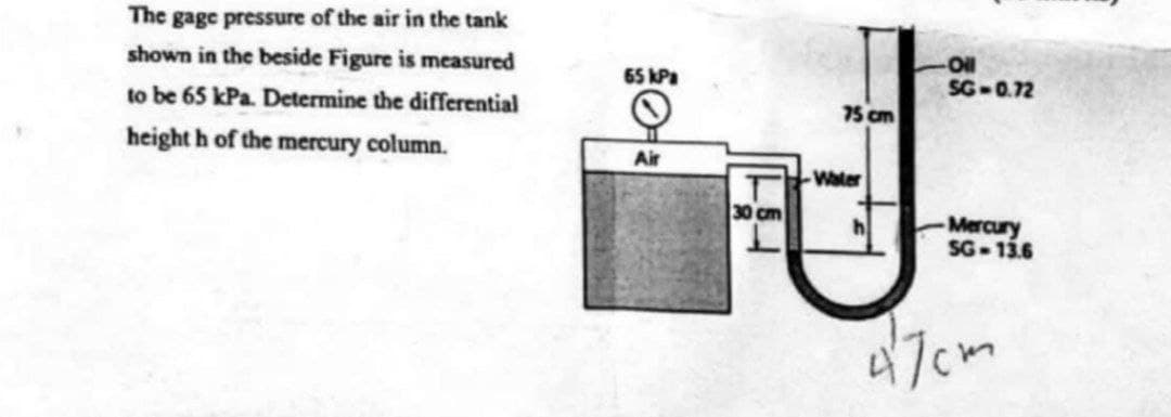 The gage pressure of the air in the tank
shown in the beside Figure is measured
to be 65 kPa. Determine the differential
height h of the mercury column.
65 kPa
Air
T
30 cm
75 cm
Water
h
Oll
SG-0.72
Mercury
SG-13.6
47cm