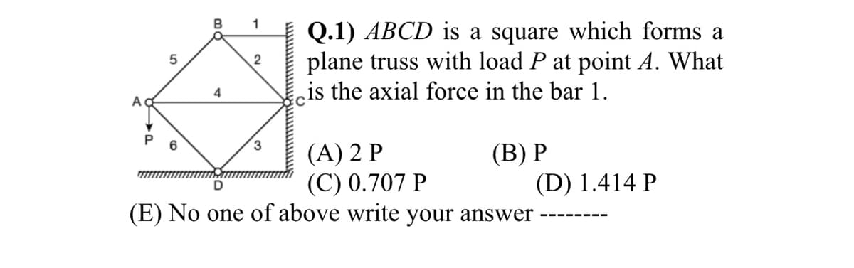 Q.1) ABCD is a square which forms a
plane truss with load P at point A. What
is the axial force in the bar 1.
2
3
(A) 2 P
(C) 0.707 P
(E) No one of above write your answer
(В) Р
(D) 1.414 P
