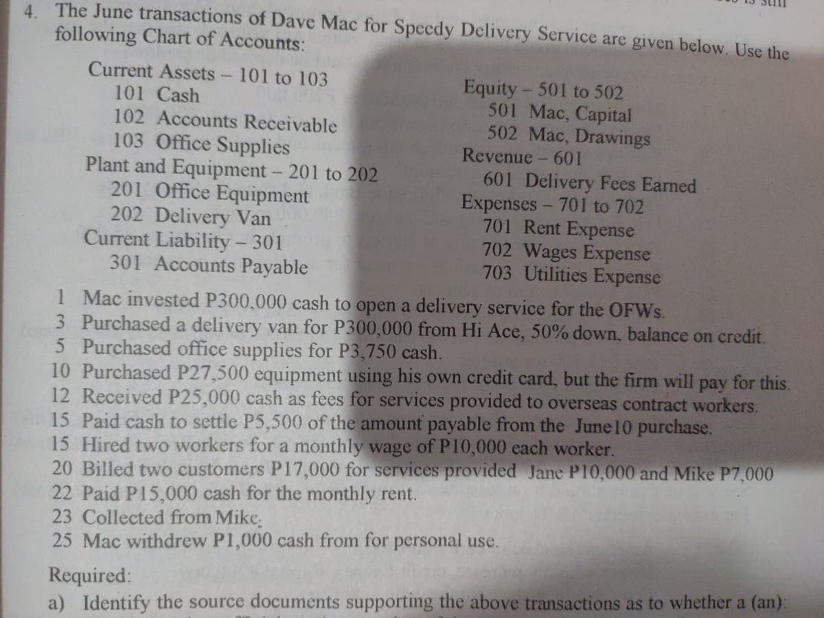4. The June transactions of Dave Mac for Speedy Delivery Service are given below. Use the
following Chart of Accounts:
Current Assets - 101 to 103
101 Cash
102 Accounts Receivable
103 Office Supplies
Plant and Equipment - 201 to 202
201 Office Equipment
202 Delivery Van
Current Liability - 301
301 Accounts Payable
Equity - 501 to 502
501 Mac, Capital
502 Mac, Drawings
Revenue - 601
601 Delivery Fees Earned
Expenses - 701 to 702
701 Rent Expense
702 Wages Expense
703 Utilities Expense
1
Mac invested P300,000 cash to open a delivery service for the OFWs.
Purchased a delivery van for P300,000 from Hi Ace, 50% down, balance on credit.
5 Purchased office supplies for P3,750 cash.
10 Purchased P27,500 equipment using his own credit card, but the firm will pay for this.
12 Received P25,000 cash as fees for services provided to overseas contract workers.
15 Paid cash to settle P5,500 of the amount payable from the June 10 purchase.
15 Hired two workers for a monthly wage of P10,000 each worker.
20 Billed two customers P17,000 for services provided Jane P10,000 and Mike P7,000
22 Paid P15,000 cash for the monthly rent.
23 Collected from Mike,
25 Mac withdrew P1,000 cash from for personal use.
Required:
a) Identify the source documents supporting the above transactions as to whether a (an):
