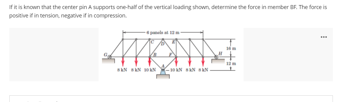 If it is known that the center pin A supports one-half of the vertical loading shown, determine the force in member BF. The force is
positive if in tension, negative if in compression.
6 panels at 12 m
C
16 m
MANN
12 m
8 kN 8 kN 10 kN 8-10 kN 8 kN 8 kN