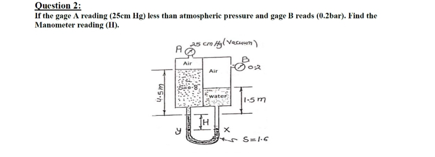 Question 2:
If the gage A reading (25cm Hg) less than atmospheric pressure and gage B reads (0.2bar). Find the
Manometer reading (H).
25 cm Hg( Vacuum )
Air
Air
water
S S=1.6
4.5m
