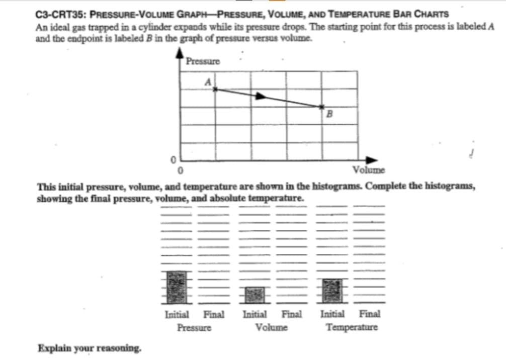 C3-CRT35: PRESSURE-VOLUME GRAPH-PRESSURE, VOLUME, AND TEMPERATURE BAR CHARTS
An ideal gas trapped in a cylinder expands while its pressure drops. The starting point for this process is labeled A
and the endpoint is labeled B in the graph of pressure versus volume.
0
Explain your reasoning.
Pressure
0
A
Volume
This initial pressure, volume, and temperature are shown in the histograms. Complete the histograms,
showing the final pressure, volume, and absolute temperature.
Initial Final Initial Final
Volume
B
Pressure
Initial Final
Temperature