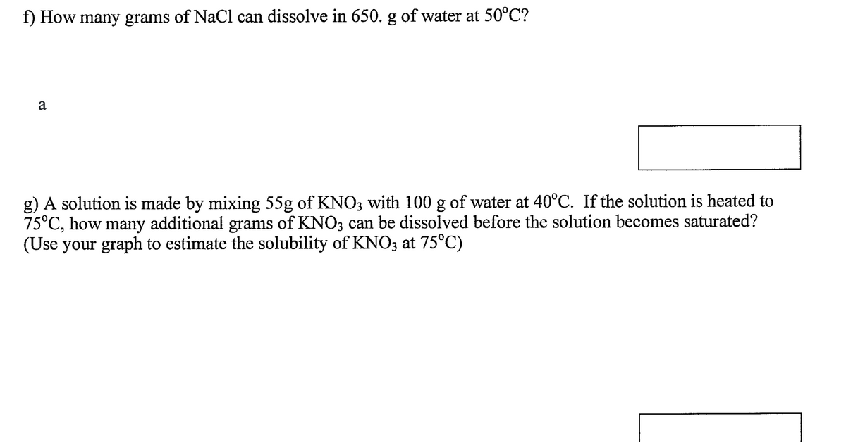 f) How many grams of NaCl can dissolve in 650. g of water at 50°C?
a
g) A solution is made by mixing 55g of KNO; with 100 g of water at 40°C. If the solution is heated to
75°C, how many additional grams of KNO3 can be dissolved before the solution becomes saturated?
(Use your graph to estimate the solubility of KNO; at 75°C)
