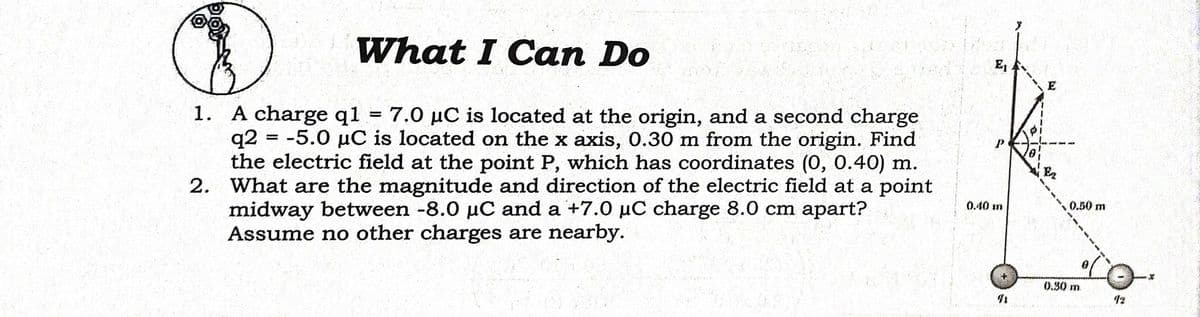 What I Can Do
E
1. A charge q1
q2 = -5.0 µC is located on the x axis, 0.30 m from the origin. Find
the electric field at the point P, which has coordinates (0, 0.40) m.
2. What are the magnitude and direction of the electric field at a point
midway between -8.0 uC and a +7.0 µC charge 8.0 cm apart?
Assume no other charges are nearby.
7.0 µC is located at the origin, and a second charge
E2
0.40 in
0.50 m
(0.30 m
