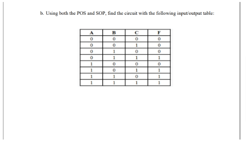 b. Using both the POS and SOP, find the circuit with the following input/output table:
A
0
0
0
0
1
1
1
1
B
0
0
1
1
0
0
1
1
с
0
1
0
1
0
1
0
1
F
0
0
0
1
0
1
1
1