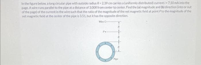 In the figure below, a long circular pipe with outside radius R-2.39 cm carries a (uniformly distributed) current i=7.50 mA into the
page. A wire runs parallel to the pipe at a distance of 3.00R from center to center. Find the (a) magnitude and (b) direction (into or out
of the page) of the current in the wire such that the ratio of the magnitude of the net magnetic field at point P to the magnitude of the
net magnetic field at the center of the pipe is 3.51, but it has the opposite direction.
Wire O-
P.
Pipe