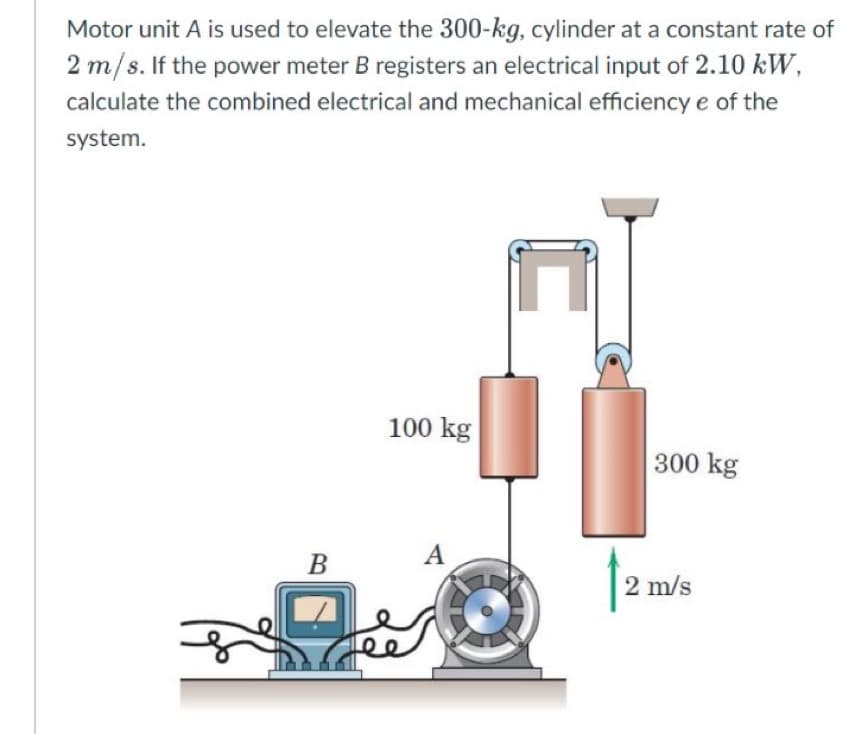 Motor unit A is used to elevate the 300-kg, cylinder at a constant rate of
2 m/s. If the power meter B registers an electrical input of 2.10 kW,
calculate the combined electrical and mechanical efficiency e of the
system.
1
B
100 kg
A
lee
300 kg
2 m/s