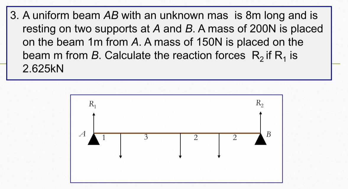 3. A uniform beam AB with an unknown mas is 8m long and is
resting on two supports at A and B. A mass of 200N is placed
on the beam 1m from A. A mass of 150N is placed on the
beam m from B. Calculate the reaction forces R₂ if R₁ is
2.625KN
R₁
R₂
3
2
A
2
B