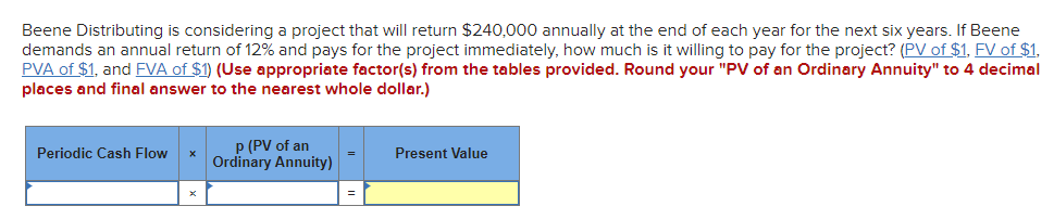 Beene Distributing is considering a project that will return $240,000 annually at the end of each year for the next six years. If Beene
demands an annual return of 12% and pays for the project immediately, how much is it willing to pay for the project? (PV of $1, FV of $1,
PVA of $1, and FVA of $1) (Use appropriate factor(s) from the tables provided. Round your "PV of an Ordinary Annuity" to 4 decimal
places and final answer to the nearest whole dollar.)
Periodic Cash Flow
P (PV of an
Ordinary Annuity)
Present Value