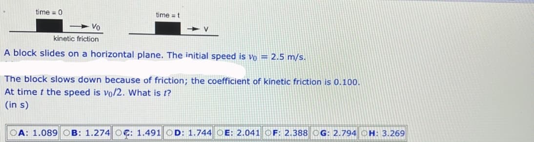 time = 0
time = t
-10
kinetic friction
A block slides on a horizontal plane. The initial speed is vo = 2.5 m/s.
- V
The block slows down because of friction; the coefficient of kinetic friction is 0.100.
At time t the speed is vo/2. What is t?
(in s)
OA: 1.089 OB: 1.274 OC: 1.491 OD: 1.744 OE: 2.041 OF: 2.388 OG: 2.794 OH: 3.269