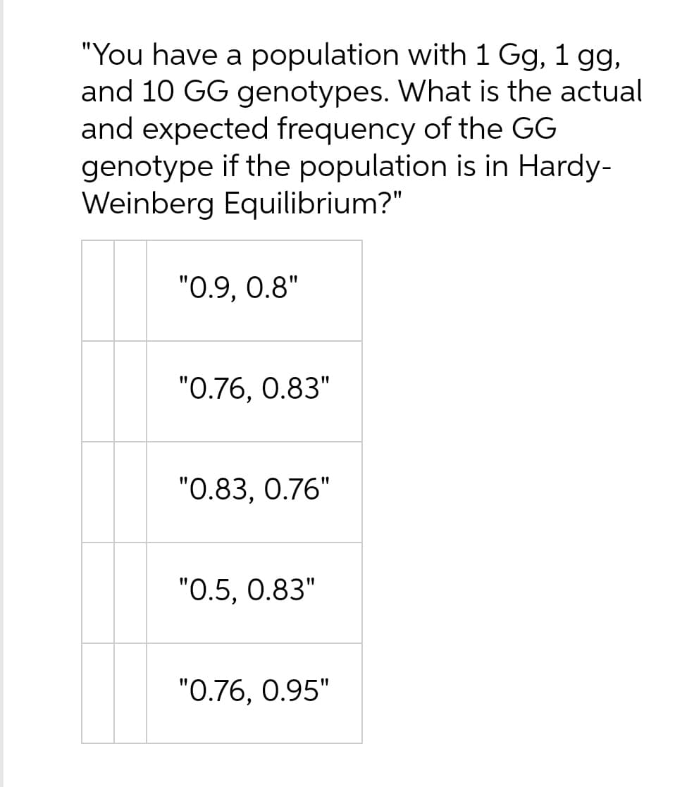 "You have a population with 1 Gg, 1 gg,
and 10 GG genotypes. What is the actual
and expected frequency of the GG
genotype if the population is in Hardy-
Weinberg Equilibrium?"
"0.9, 0.8"
"0.76, 0.83"
"0.83, 0.76"
"0.5, 0.83"
"0.76, 0.95"