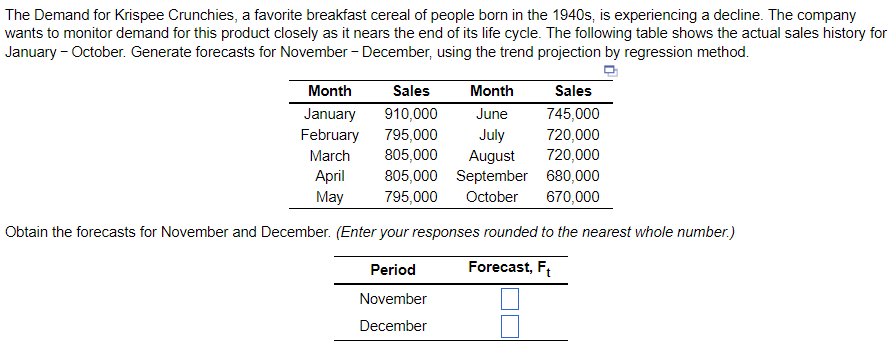 The Demand for Krispee Crunchies, a favorite breakfast cereal of people born in the 1940s, is experiencing a decline. The company
wants to monitor demand for this product closely as it nears the end of its life cycle. The following table shows the actual sales history for
January - October. Generate forecasts for November - December, using the trend projection by regression method.
Month
June
July
August
805,000 September
680,000
795,000 October 670,000
Obtain the forecasts for November and December. (Enter your responses rounded to the nearest whole number.)
Forecast, Ft
Month
Sales
January
910,000
February 795,000
March 805,000
April
May
Period
November
December
Sales
745,000
720,000
720,000