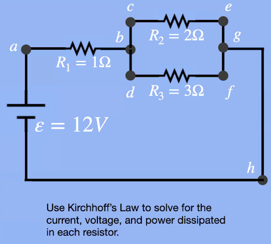 a
www
R₁ = 19
ε = 12V
b
с
www
R₂ = 292
2Ω
e
Use Kirchhoff's Law to solve for the
current, voltage, and power dissipated
in each resistor.
g
www
d_R₂=3Q_ƒ
h