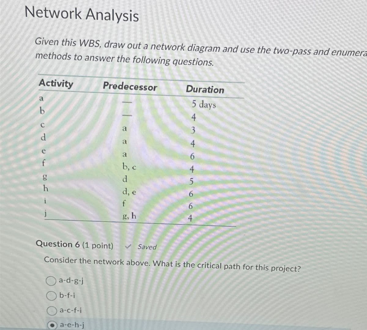 Network Analysis
Given this WBS, draw out a network diagram and use the two-pass and enumera
methods to answer the following questions.
Activity
LCT 50 -
b
a-d-g-j
Predecessor
Ob-f-i
Oa-c-f-i
a-e-h-j
a
a
a
b, c
d
d, e
f
g, h
<***
Duration
5 days
Saved
434 994
6
4
5
Question 6 (1 point)
Consider the network above. What is the critical path for this project?
6
6