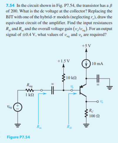 7.54 In the circuit shown in Fig. P7.54, the transistor has a ß
of 200. What is the de voltage at the collector? Replacing the
BJT with one of the hybrid-7 models (neglecting r,), draw the
equivalent circuit of the amplifier. Find the input resistances
R, and R, and the overall voltage gain (v,/v). For an output
signal of ±0.4 V, what values of v and v, are required?
+5 V
+1.5 V
10 mA
10 k2
Rig
I kN
is
Rc
100 2
Ro

