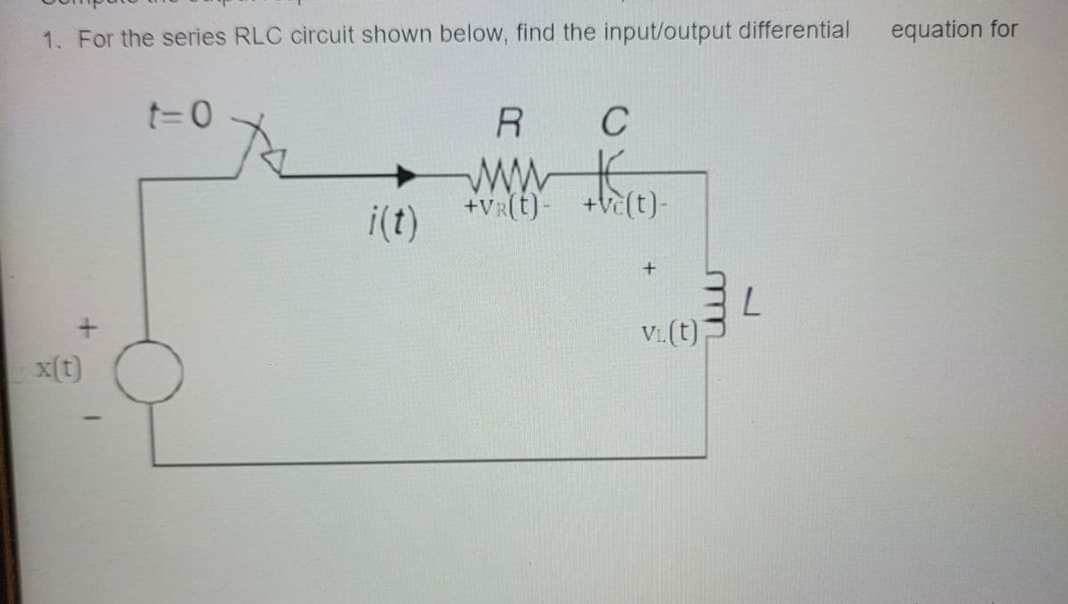 1. For the series RLC circuit shown below, find the input/output differential
+
x(t)
t=0 -
i(t)
R C
ww the
+VR(t)- +vc(t)-
V₁.(t)
L
equation for