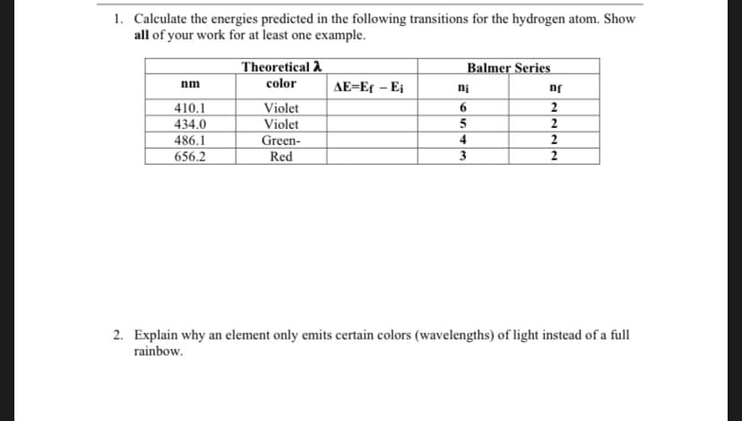 1. Calculate the energies predicted in the following transitions for the hydrogen atom. Show
all of your work for at least one example.
Theoretical A
Balmer Series
nm
color
AE=Er – Ei
ni
nf
410.1
Violet
6
434.0
Violet
4
3
486.1
Green-
Red
656.2
2
2. Explain why an element only emits certain colors (wavelengths) of light instead of a full
rainbow.
