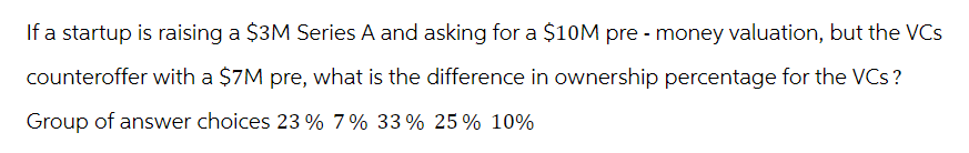 If a startup is raising a $3M Series A and asking for a $10M pre- money valuation, but the VCS
counteroffer with a $7M pre, what is the difference in ownership percentage for the VCs?
Group of answer choices 23% 7% 33% 25% 10%