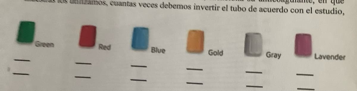 que
zamos, cuantas veces debemos invertir el tubo de acuerdo con el estudio,
Red
=
Blue
=
Gold
Gray
-
Lavender