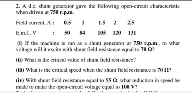 2. A d.c. shunt generator gave the following open-circuit characteristic
when driven at 750 r.p.m.
Field current, A :
0.5
1
1.5
2
2.5
E.m.f., V
:
50
84
105
120 131
(i) If the machine is run as a shunt generator at 750 r.p.m., to what
voltage will it excite with shunt field resistance equal to 70 N?
(ii) What is the critical value of shunt field resistance?
(iii) What is the critical speed when the shunt field resistance is 70 2?
(iv) With shunt field resistance equal to 55 N, what reduction in speed be
made to make the open-circuit voltage equal to 100 V?
