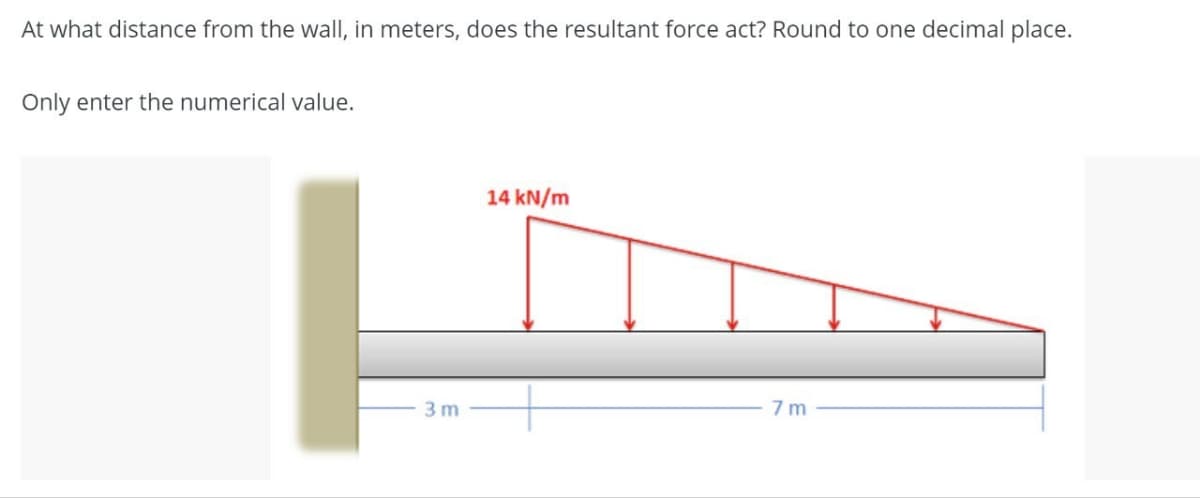 At what distance from the wall, in meters, does the resultant force act? Round to one decimal place.
Only enter the numerical value.
14 kN/m
3 m
7 m
