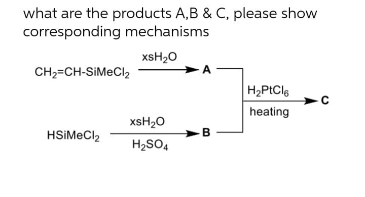 what are the products A,B & C, please show
corresponding mechanisms
xsH20
CH2=CH-SİMECI2
A
H2PtCl6
heating
xsH20
HSİMECI2
H2SO4
