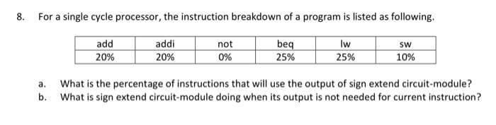 8.
For a single cycle processor, the instruction breakdown of a program is listed as following.
add
addi
not
beq
Iw
sw
20%
20%
0%
25%
25%
10%
a.
What is the percentage of instructions that will use the output of sign extend circuit-module?
b. What is sign extend circuit-module doing when its output is not needed for current instruction?