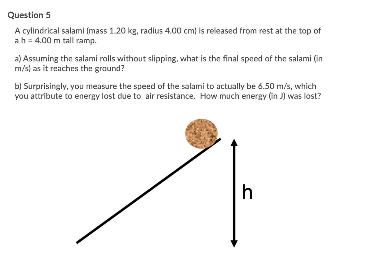 Question 5
A cylindrical salami (mass 1.20 kg, radius 4.00 cm) is released from rest at the top of
ah = 4.00 m tall ramp.
a) Assuming the salami rolls without slipping, what is the final speed of the salami (in
m/s) as it reaches the ground?
b) Surprisingly, you measure the speed of the salami to actually be 6.50 m/s, which
you attribute to energy lost due to air resistance. How much energy (in J) was lost?
h
