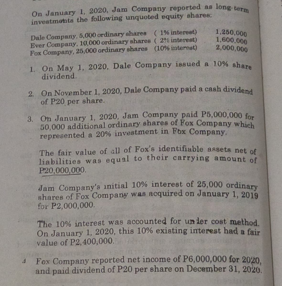 On January 1, 2020, Jam Company reported as
investmonts the following unquoted equity shares:
long term
Dale Company, 5,000 ordinary shares ( 1% interest)
Ever Company, 10,000 ordinary shares ( 2% interest)
Fox Company, 25,000 ordinary shares (10% interest)
1,250,000
1,600,000
2,000,000
1. On May 1, 2020, Dale Company issued a 10% share
dividend.
2. On November 1, 2020, Dale Company paid a cash dividend
of P20 per share.
3. On January 1, 2020, Jam Company paid P5,000,000 for
50,000 additional ordinary shares of Fox Company which
represented a 20% investment in Fbx Company.
The fair value of all of Fox's identifiable assets net of
liabilities was equal to their carrying amount of
P20,000,000.
Jam Company's initial 10% interest of 25,000 ordinary
shares of Fox Company was acquired on January 1, 2019
for P2,000,000.
The 10% interest was accounted for un ler cost method.
On January 1, 2020, this 10% existing interest had a fair
value of P2,400,000.
Fox Company reported net income of P6,000,000 for 2020.
and paid dividend of P20 per share on December 31, 2020.
