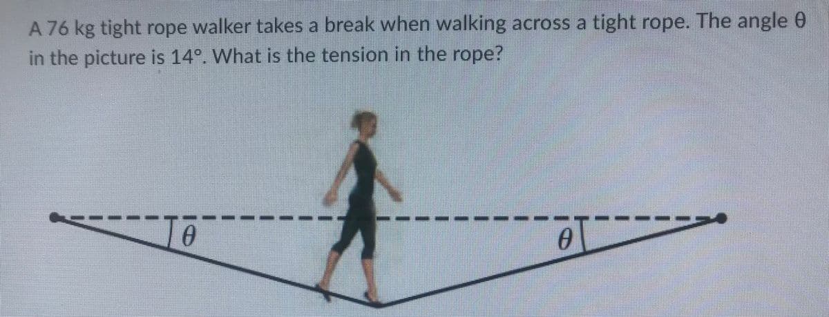 A 76 kg tight rope walker takes a break when walking across a tight rope. The angle e
in the picture is 14°. What is the tension in the rope?
Ta
0
A