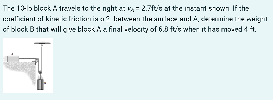 The 10-lb block A travels to the right at va = 2.7ft/s at the instant shown. If the
coefficient of kinetic friction is o.2 between the surface and A, determine the weight
of block B that will give block A a final velocity of 6.8 ft/s when it has moved 4 ft.
B

